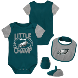 Philadelphia Eagles Newborn & Infant Little Champ Three-Piece Bodysuit, Bib & Booties Set – Midnight Green/Heathered Gray