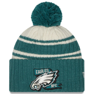 Philadelphia Eagles New Era Youth 2022 Sideline Sport Cuffed Pom Knit Hat – Cream/Green